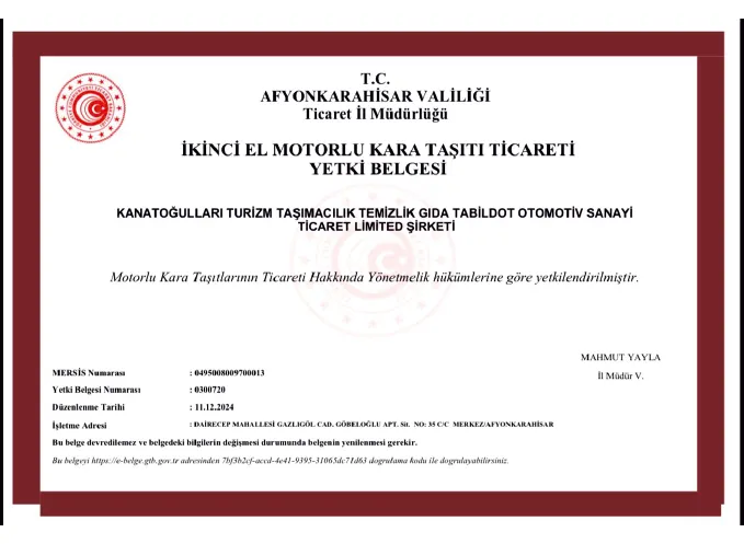 İkinci El Kara Taşıtı Ticareti Belgesi